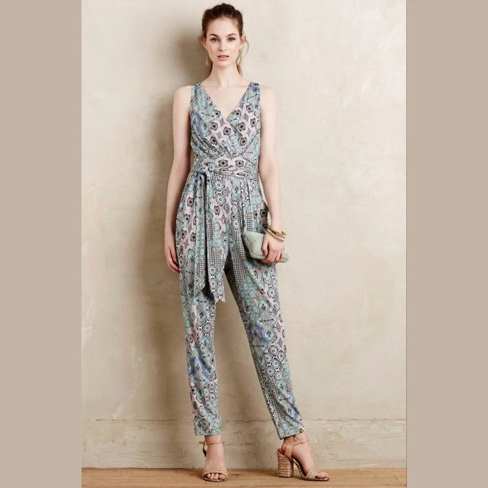 Anthropologie Elevenses Large‎ Jumpsuit Sleeveless Belt Paisley Boho City Summer